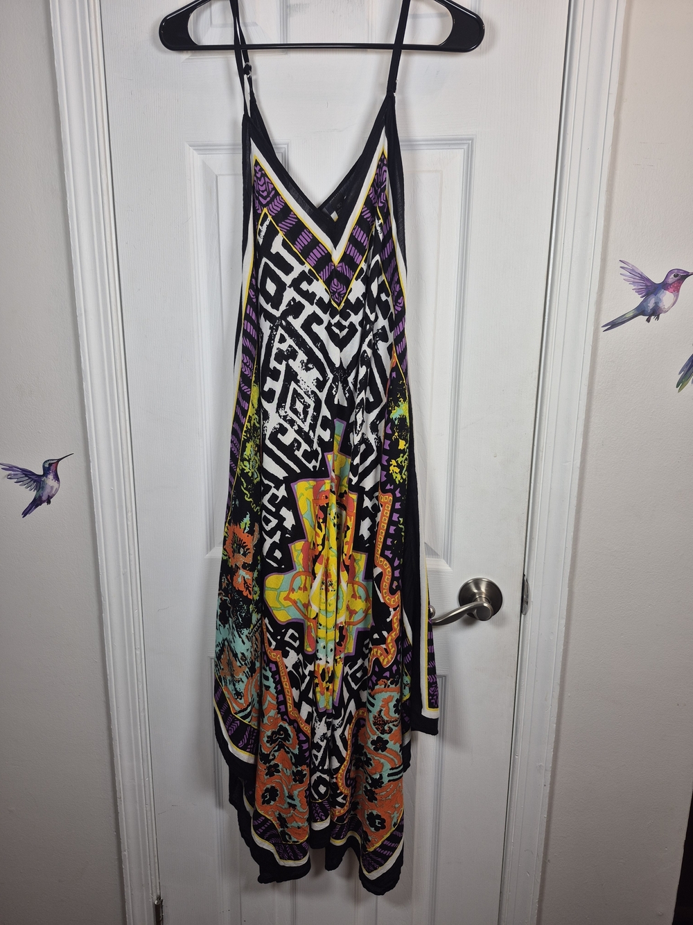 Cassette XL Boho Scarf Print Handkerchief Hem Midi Dress V-Neck Geometric Y2K